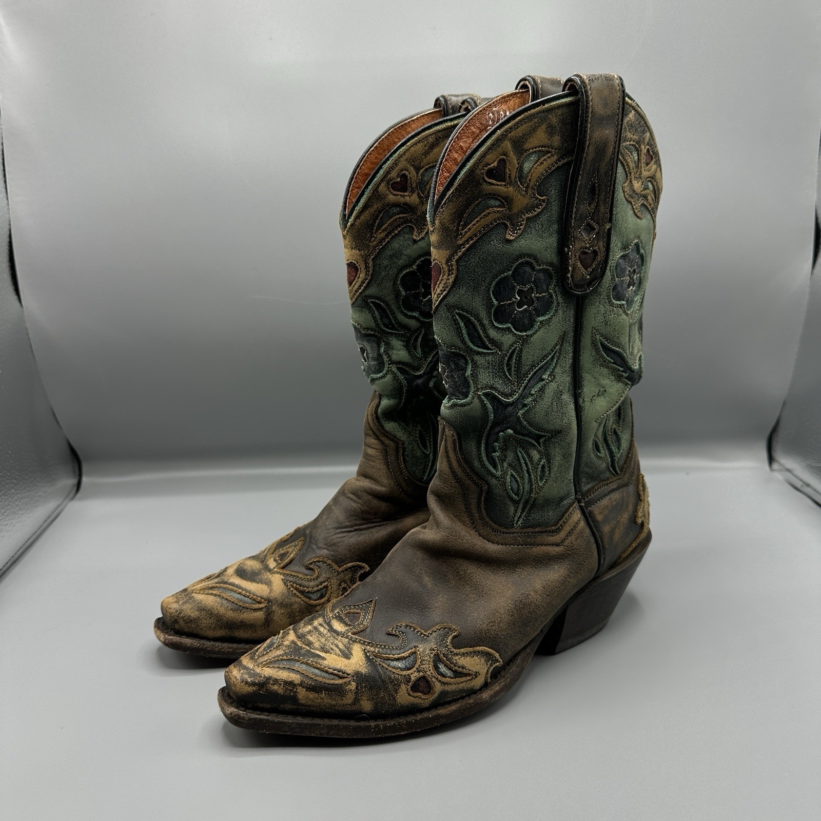Dan Post Boots Blue Bird Floral Tooledinlay Snip Toe Cowboy Womens Brown Casual